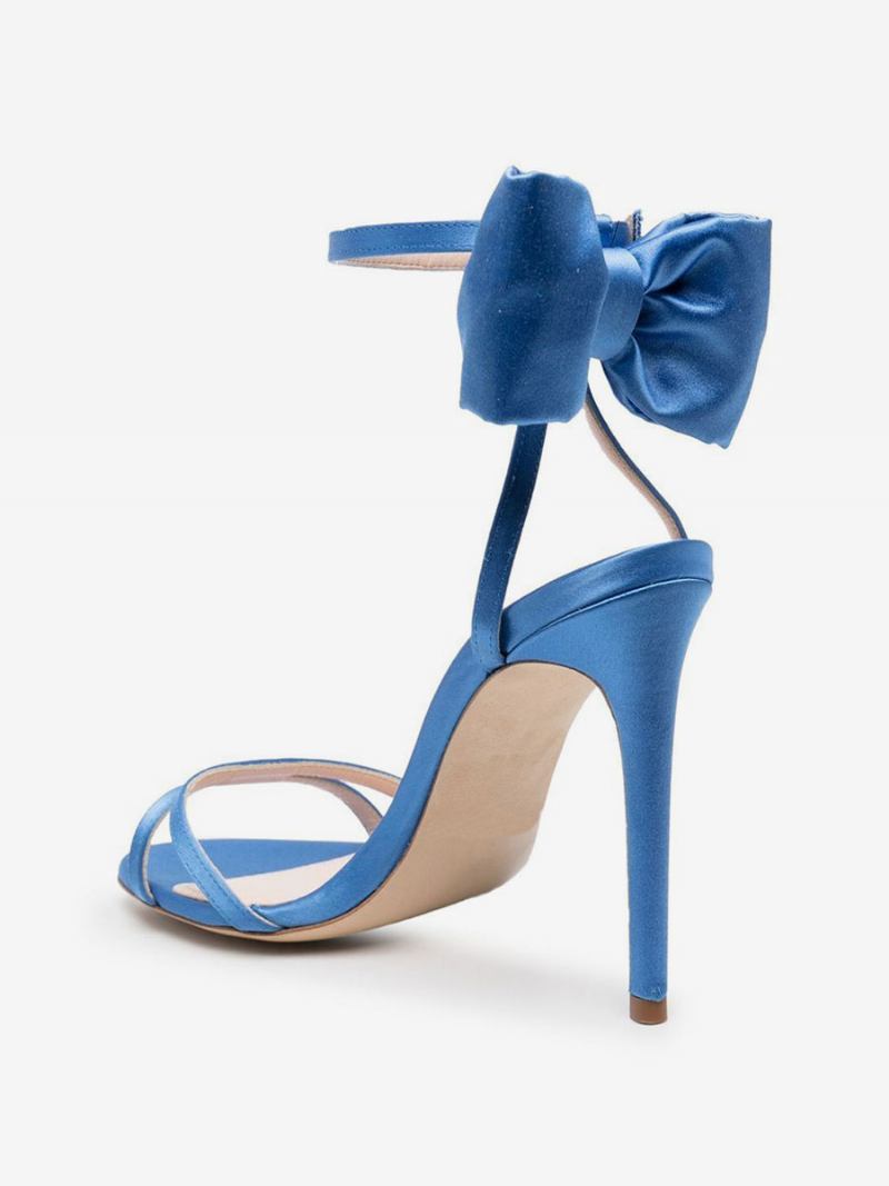 Sandálias Salto Feminino Azul Cetim Aberto Dedo Do Pé Arco Agulha Sapatos Baile - Azul