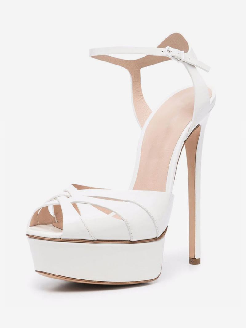 Sandálias Salto Feminino Branco Peep Toe Plataforma Agulha Sapatos Festa - Branco Quente