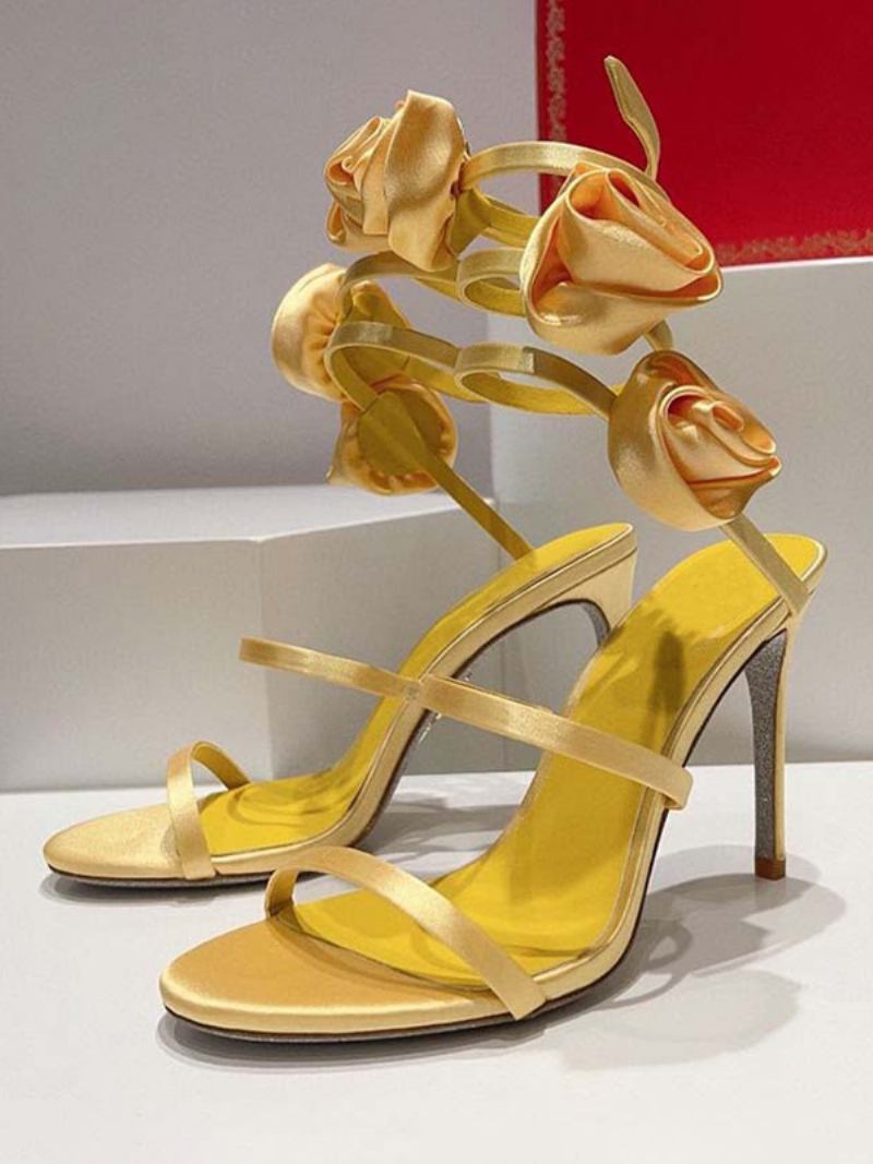 Sandálias Salto Feminino Cetim Preto Dedo Do Pé Aberto Flores Detalhe Tiras Sandália Sapatos - Amarelo