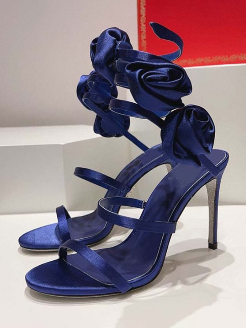 Sandálias Salto Feminino Cetim Preto Dedo Do Pé Aberto Flores Detalhe Tiras Sandália Sapatos - Azul