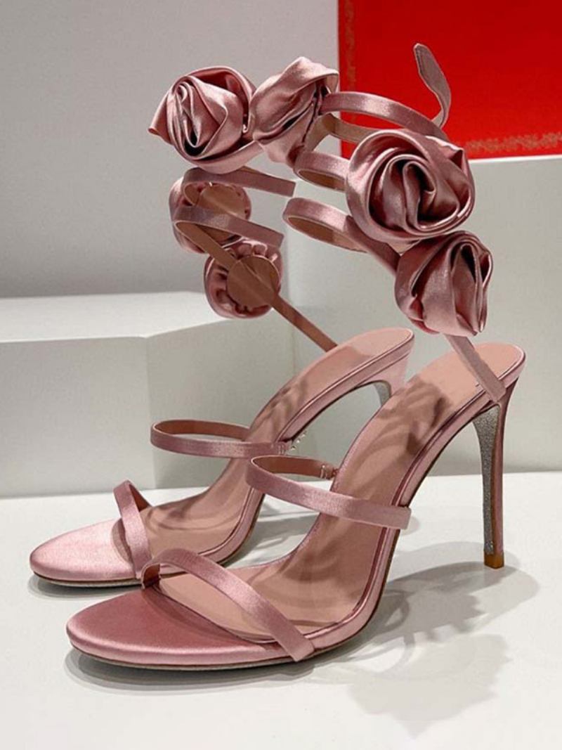 Sandálias Salto Feminino Cetim Preto Dedo Do Pé Aberto Flores Detalhe Tiras Sandália Sapatos - Rosa