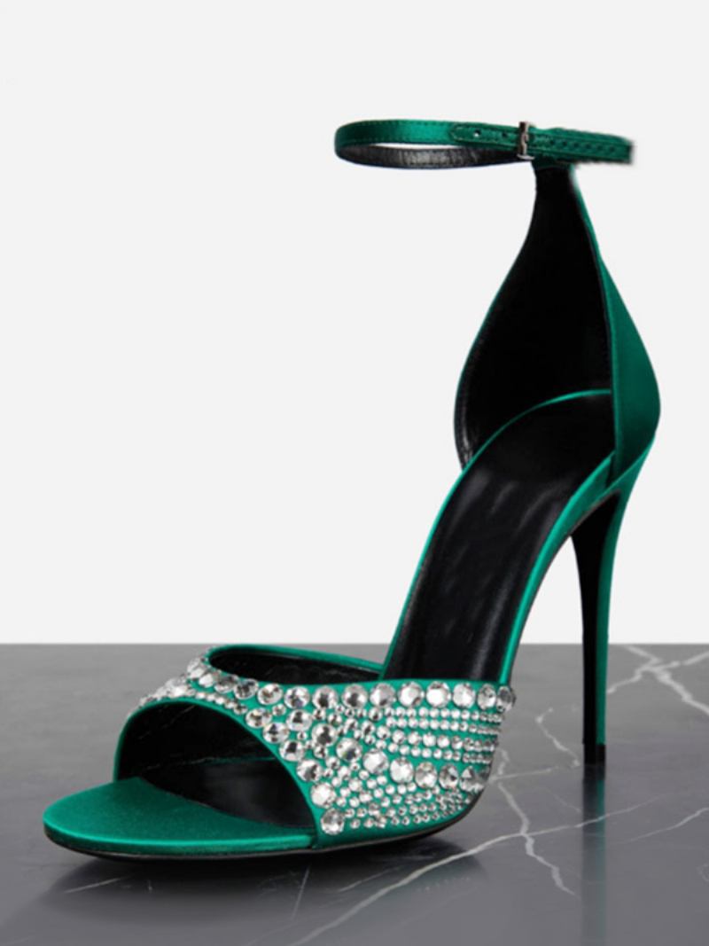 Sandálias Salto Feminino Peep Toe Strass Agulha Sapatos Baile Com Tira No Tornozelo - Verde