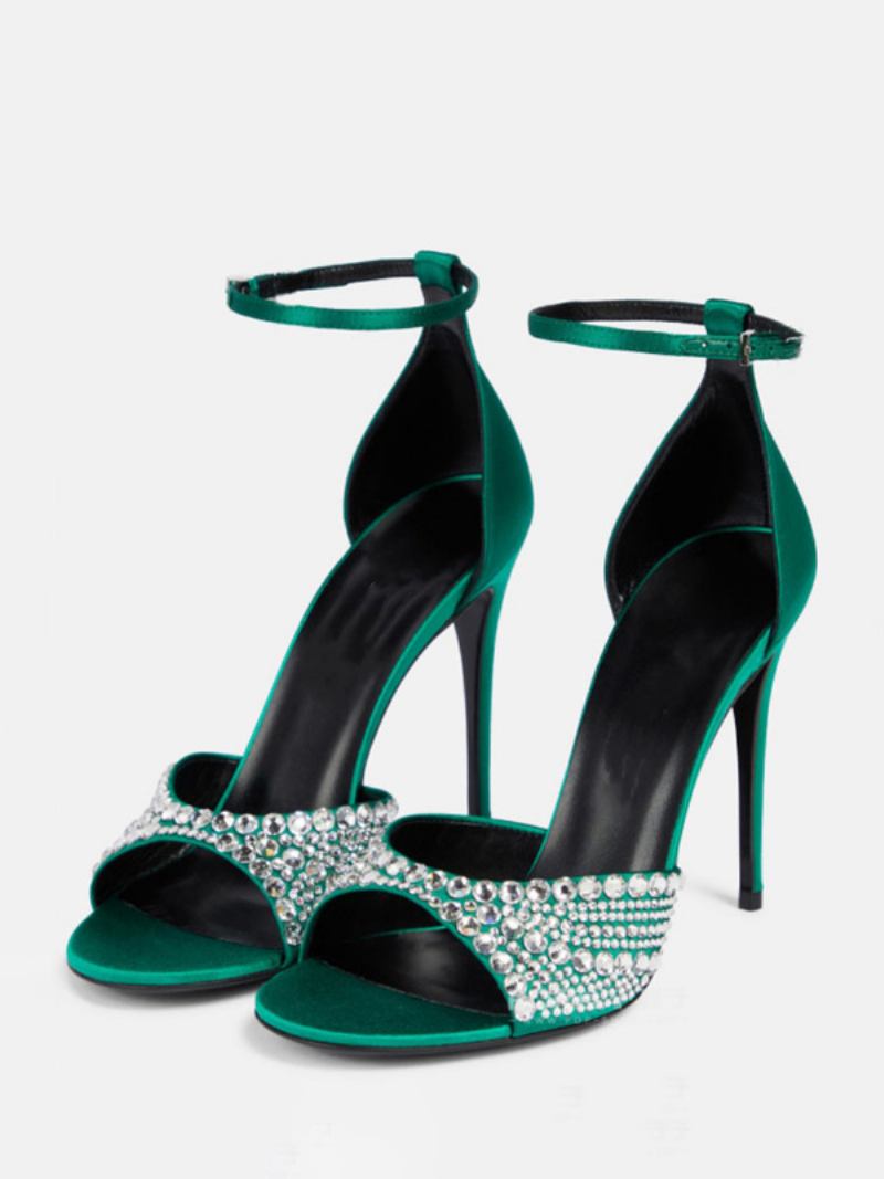 Sandálias Salto Feminino Peep Toe Strass Agulha Sapatos Baile Com Tira No Tornozelo - Verde