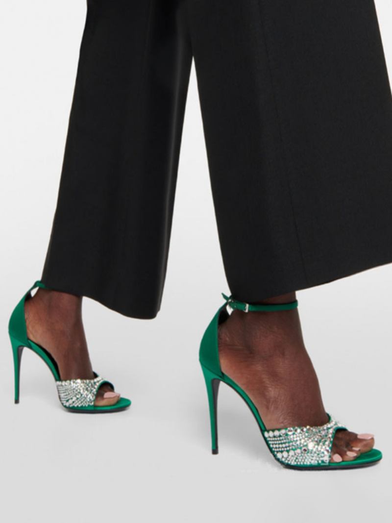 Sandálias Salto Feminino Peep Toe Strass Agulha Sapatos Baile Com Tira No Tornozelo - Verde