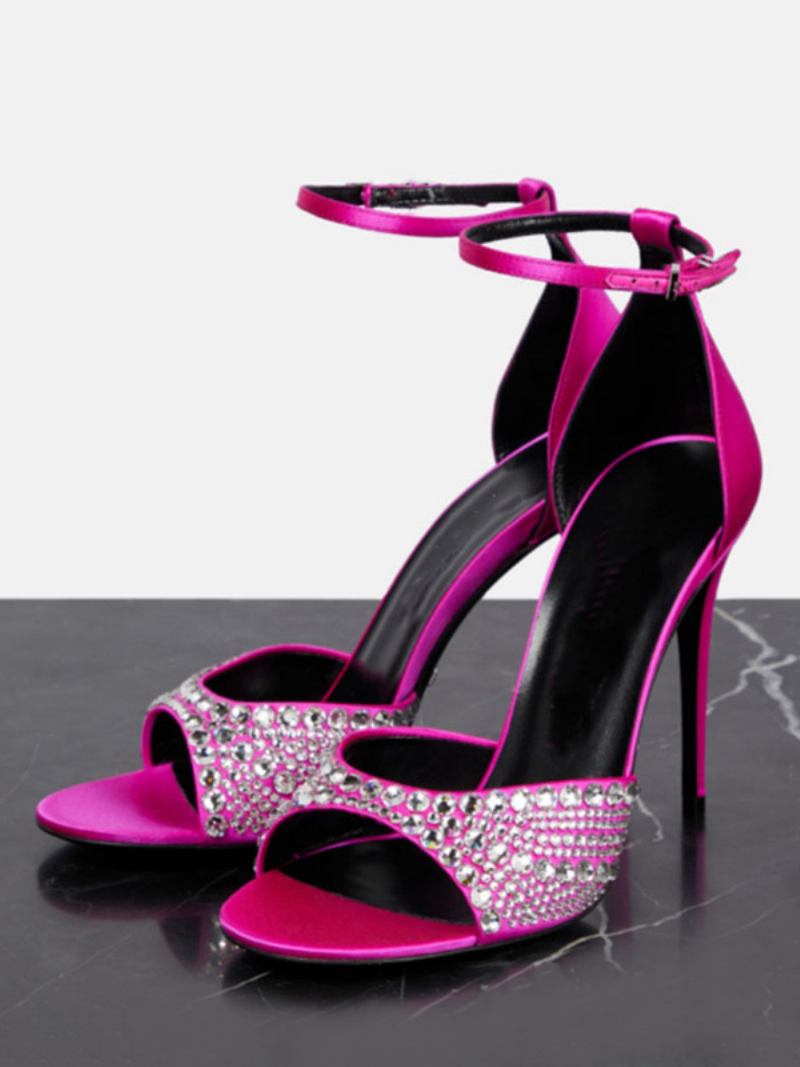 Sandálias Salto Feminino Peep Toe Strass Agulha Sapatos Baile Com Tira No Tornozelo - Rosa