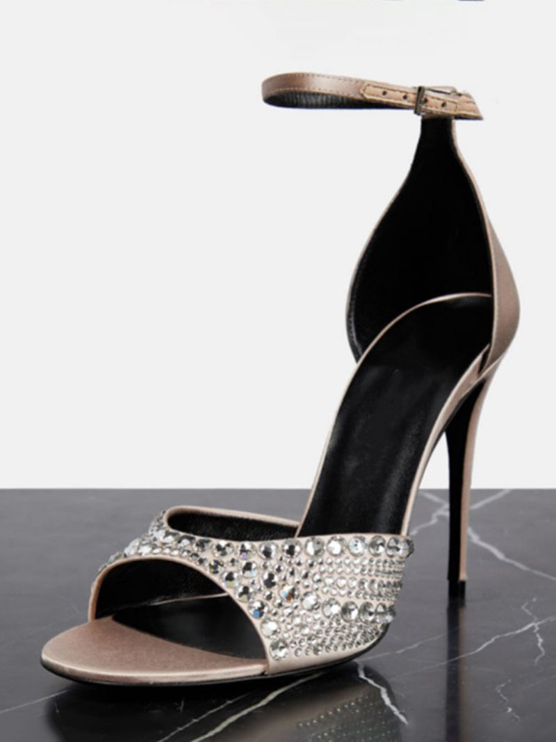 Sandálias Salto Feminino Peep Toe Strass Agulha Sapatos Baile Com Tira No Tornozelo - Champanhe