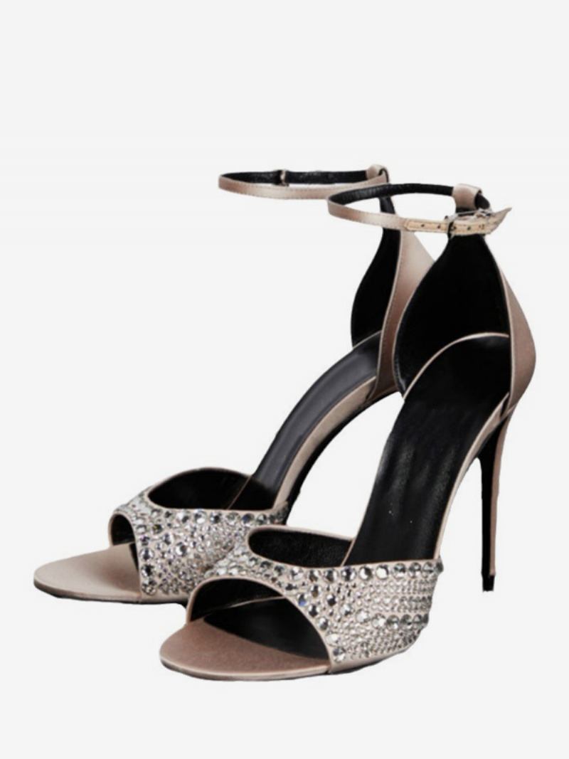 Sandálias Salto Feminino Peep Toe Strass Agulha Sapatos Baile Com Tira No Tornozelo - Champanhe