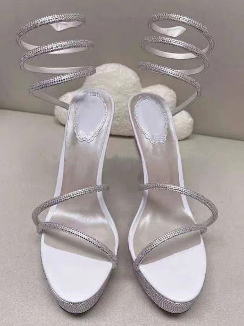 Sapatos Festa Femininos Dourados Plataforma Strass Tiras Sandálias Salto Alto - Branco