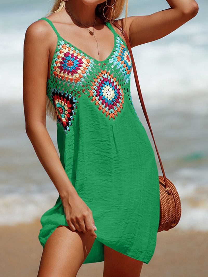 Mulheres Cover Ups Rose Color Block Cut Out Straps Neck Mangas Poliéster Verão Sexy Maiôs - Verde