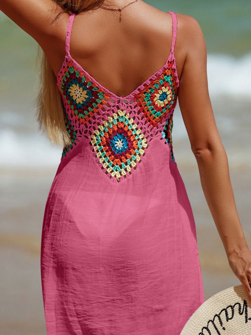 Mulheres Cover Ups Rose Color Block Cut Out Straps Neck Mangas Poliéster Verão Sexy Maiôs - Rosa