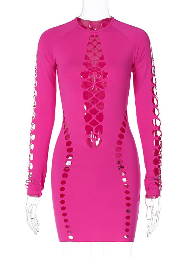 Vestido Clube Feminino Com Gola Joia Sexy Cortado Mangas Compridas Rosa - Rosa