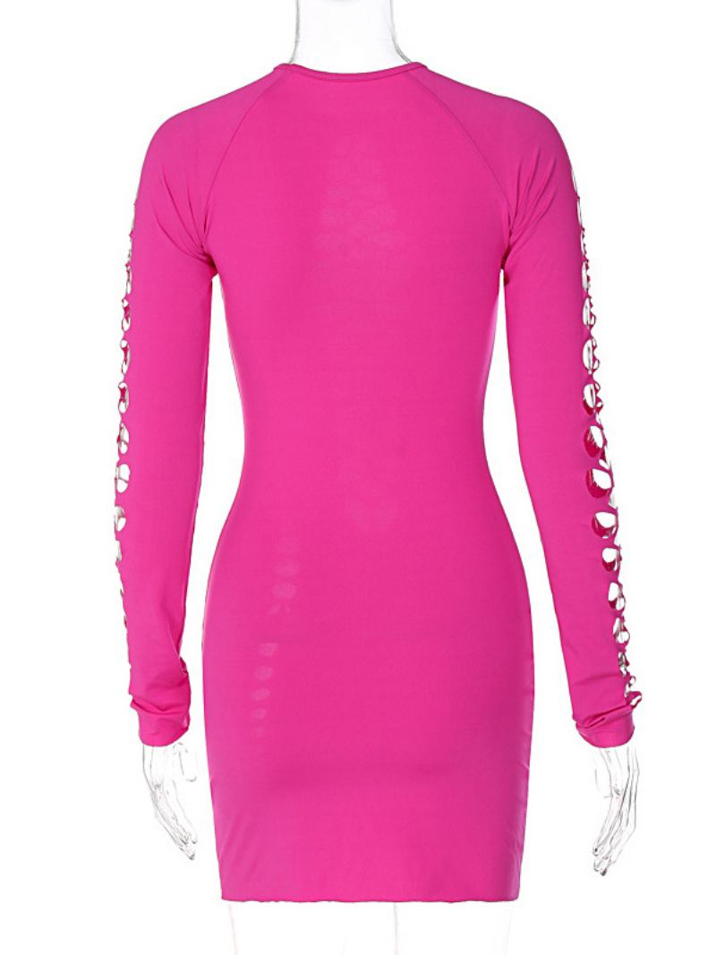 Vestido Clube Feminino Com Gola Joia Sexy Cortado Mangas Compridas Rosa - Rosa