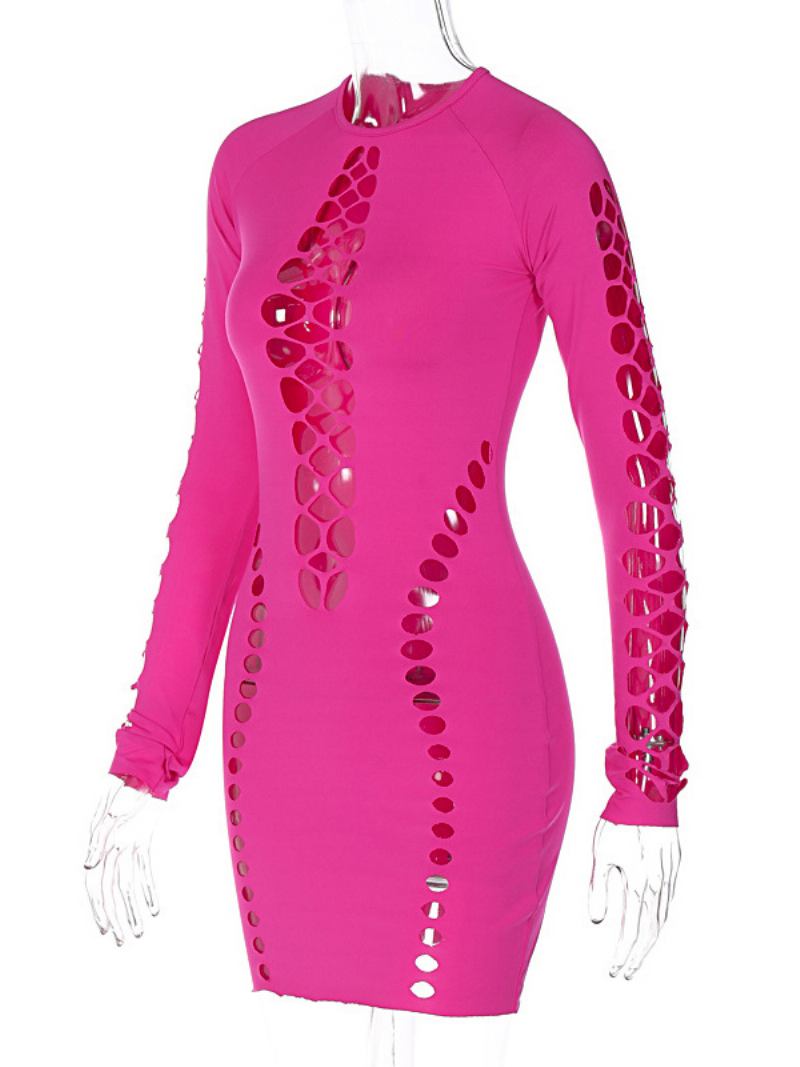 Vestido Clube Feminino Com Gola Joia Sexy Cortado Mangas Compridas Rosa - Rosa