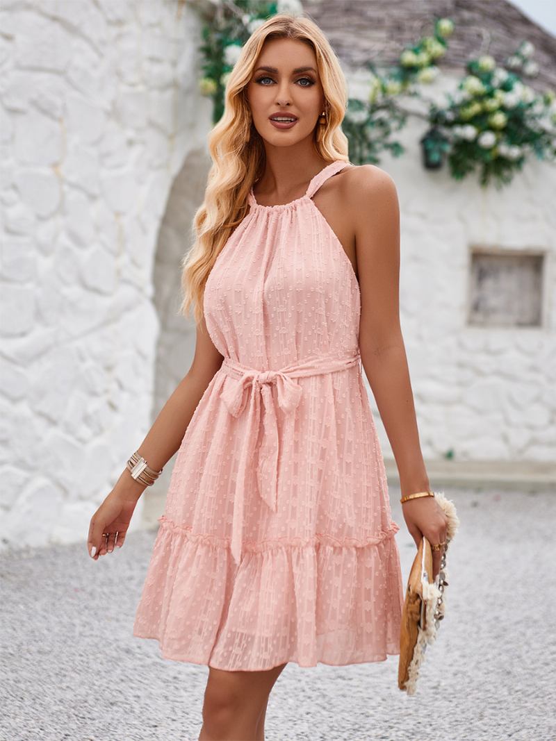 Vestido Curto Halter Feminino Com Cinto E Nó Em Camadas Vestidos Casuais Diários Verão - Rosa