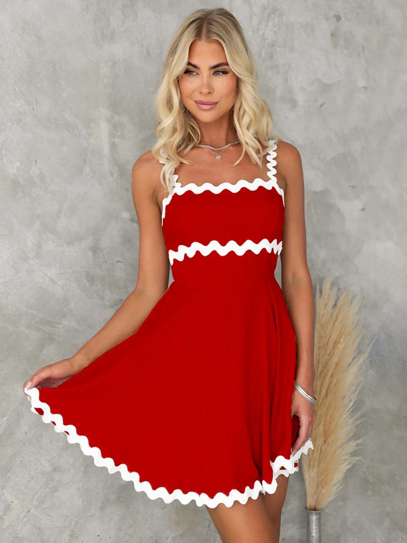 Vestido Feminino Dois Tons Sem Mangas Estiramento Sexy Mini Vestidos Verão - Vermelho