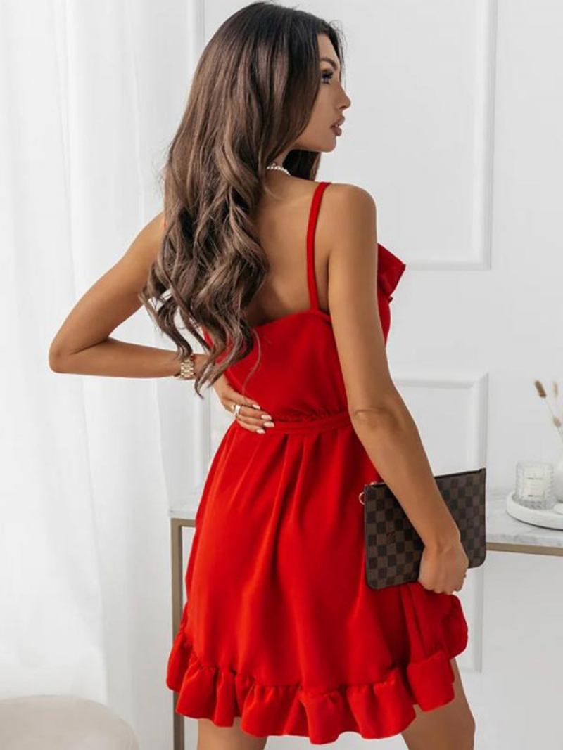 Vestido Feminino Verão Para Aniversário Com Alças Vermelhas E Pescoço Praia - Vermelho