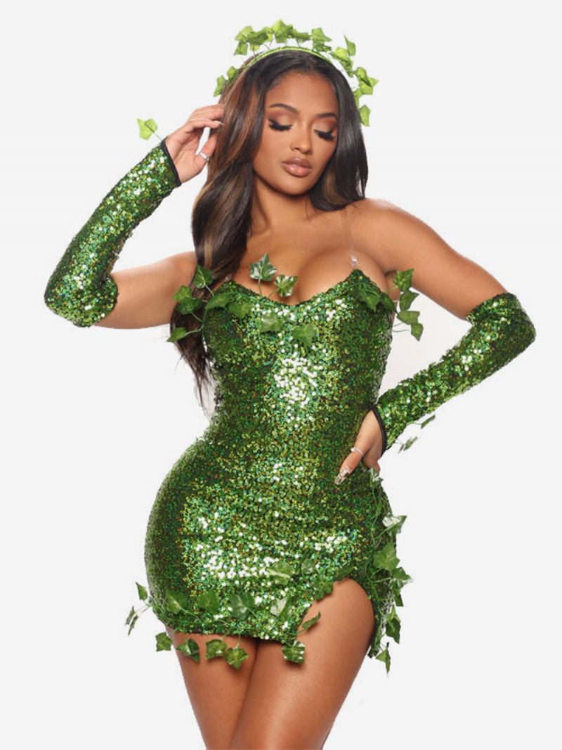 Vestido Feminino Verde Lantejoulas Com Acabamento Em Folhas E Costas Abertas Para Festa Aniversário