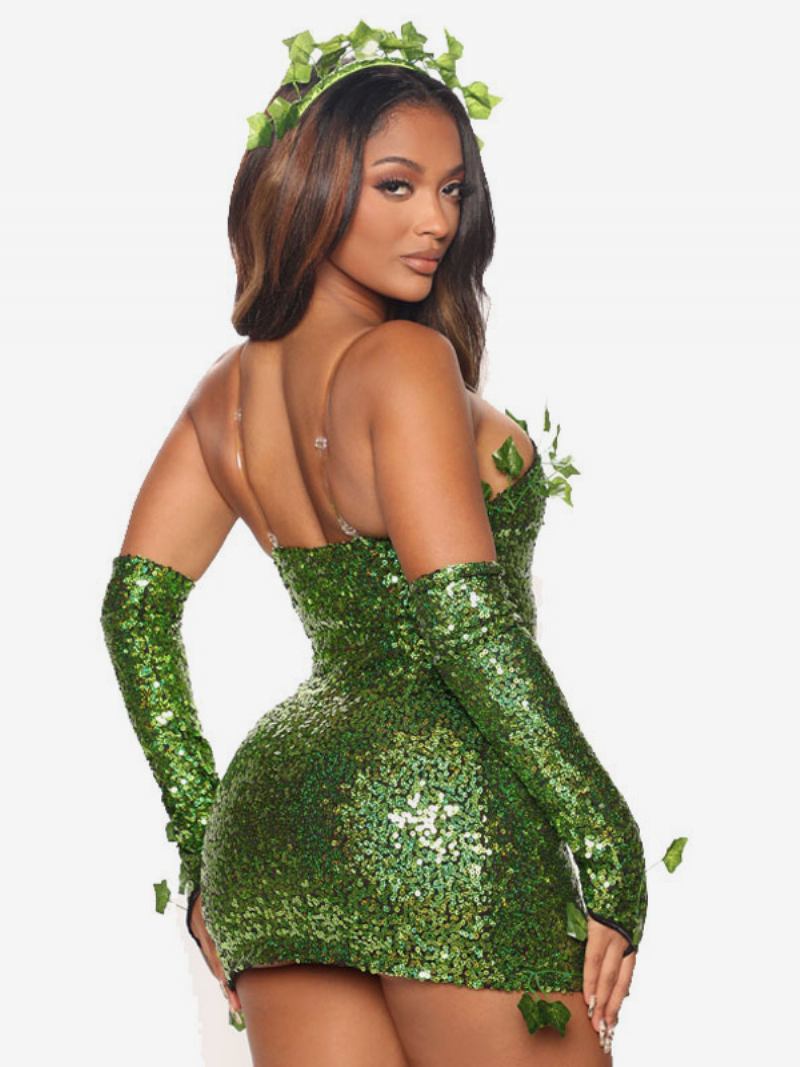 Vestido Feminino Verde Lantejoulas Com Acabamento Em Folhas E Costas Abertas Para Festa Aniversário - Verde