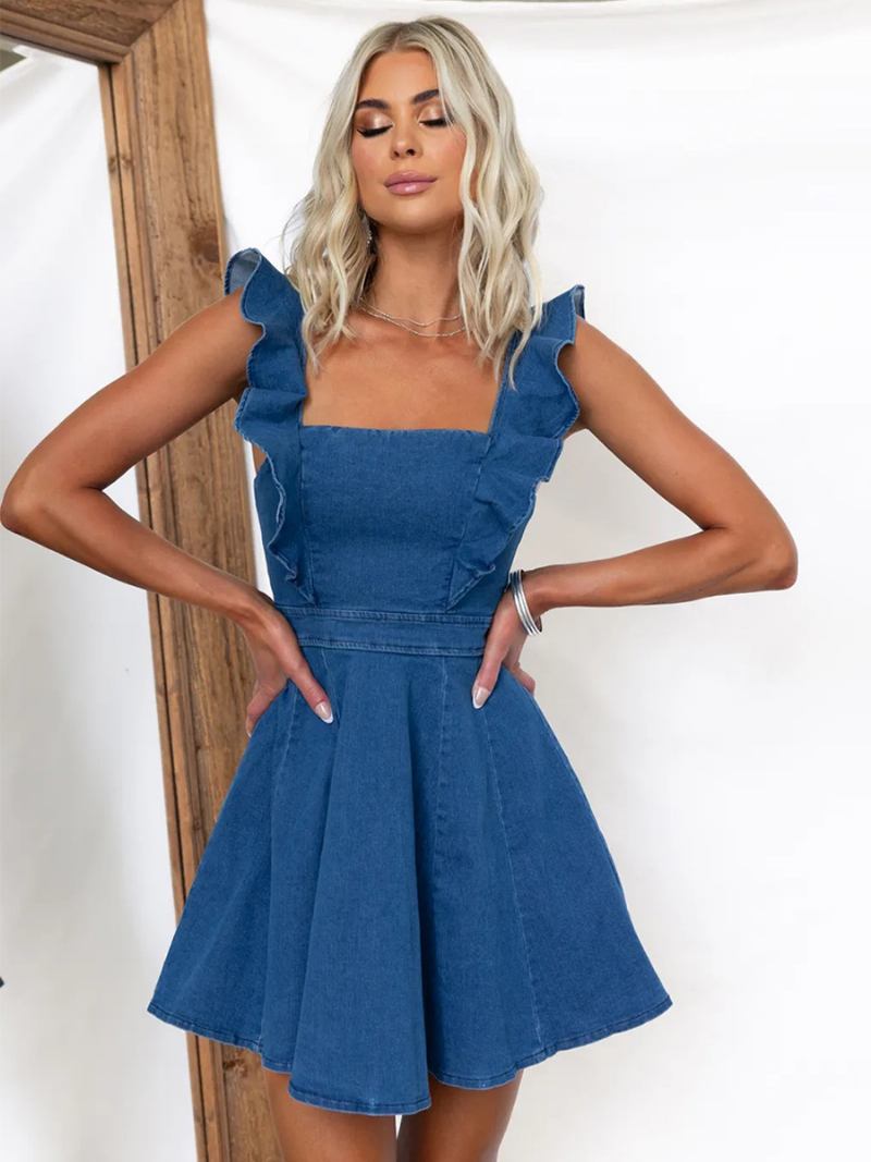 Vestido Verão Feminino Com Alças No Pescoço Babados Praia Curto Azul