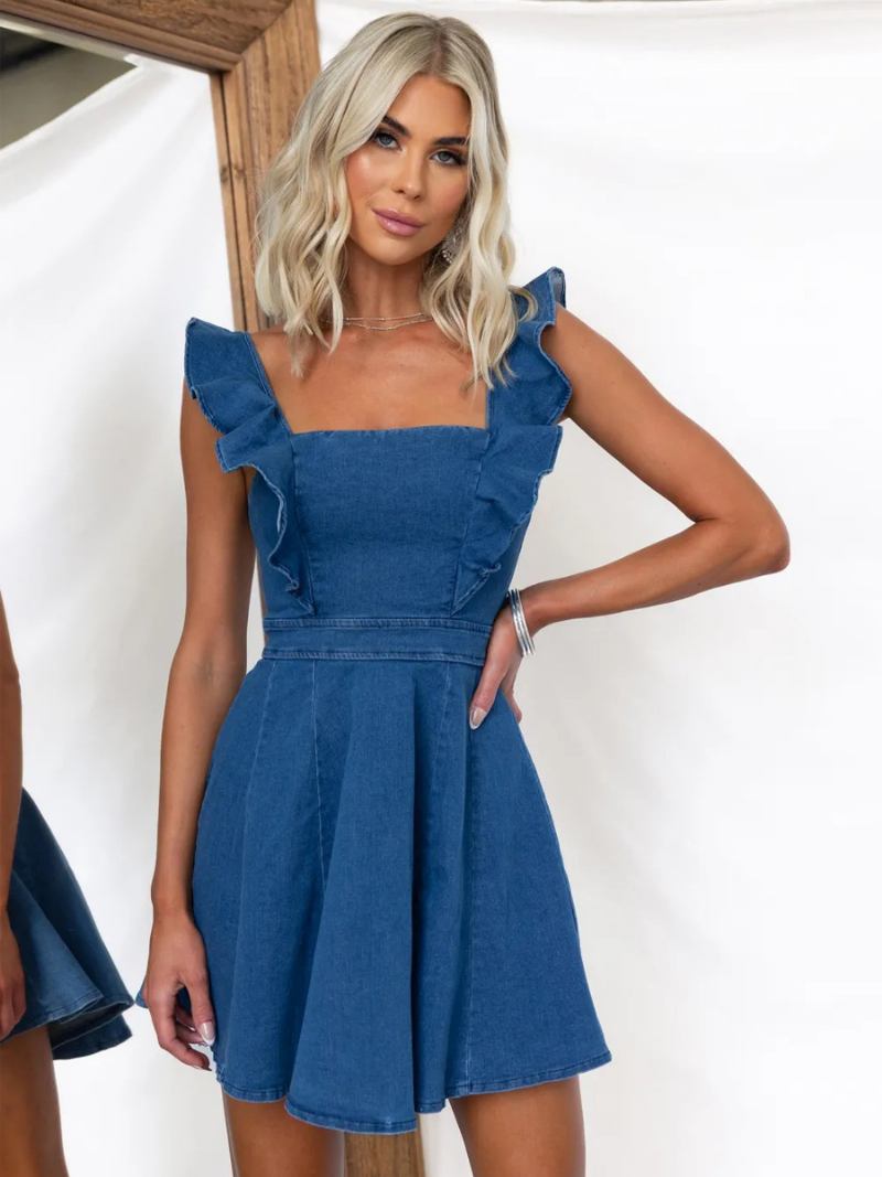 Vestido Verão Feminino Com Alças No Pescoço Babados Praia Curto Azul - Azul 