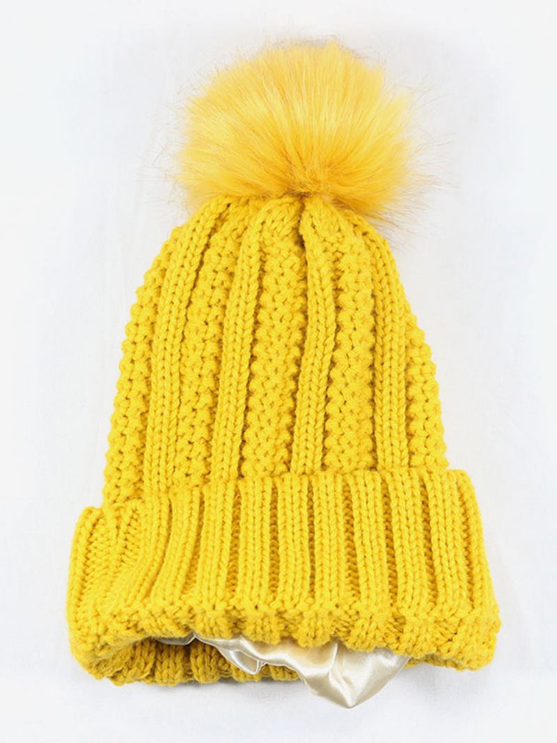 Boné Feito Malha Pom Poms Crochet Tampões Unissex Para Primavera Outono Inverno - Amarelo