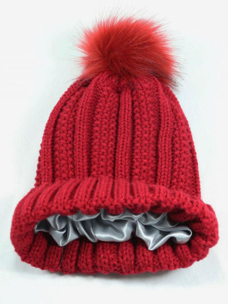 Boné Feito Malha Pom Poms Crochet Tampões Unissex Para Primavera Outono Inverno - Vermelho