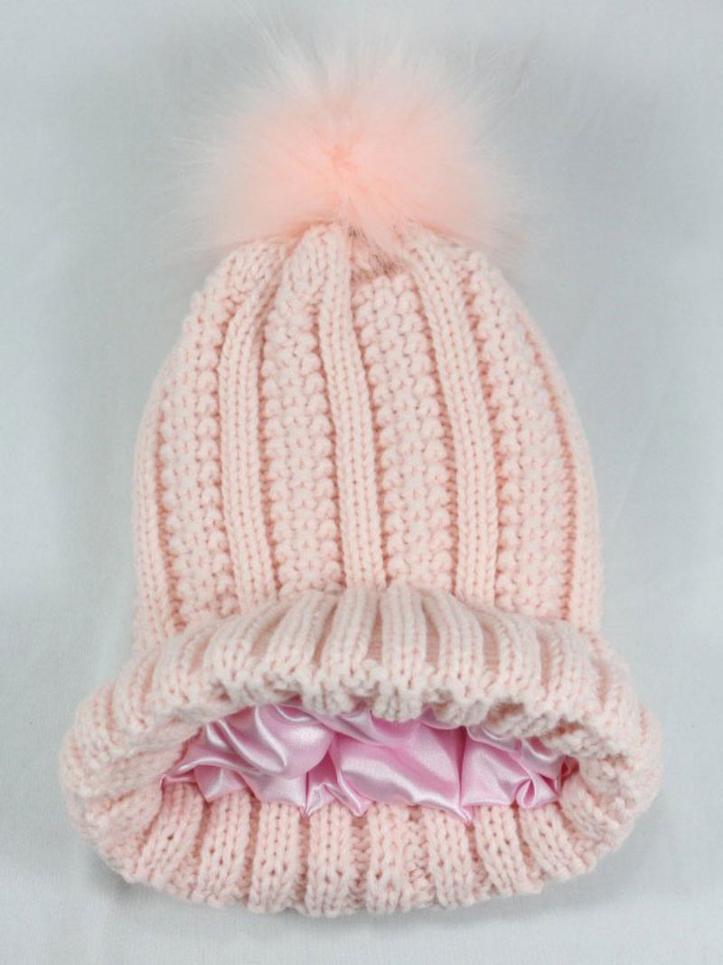 Boné Feito Malha Pom Poms Crochet Tampões Unissex Para Primavera Outono Inverno - Rosa