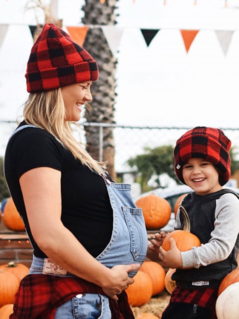 Boné Xadrez Pom Poms Crochê Bonés Femininos Para Primavera Outono Inverno - Borgonha