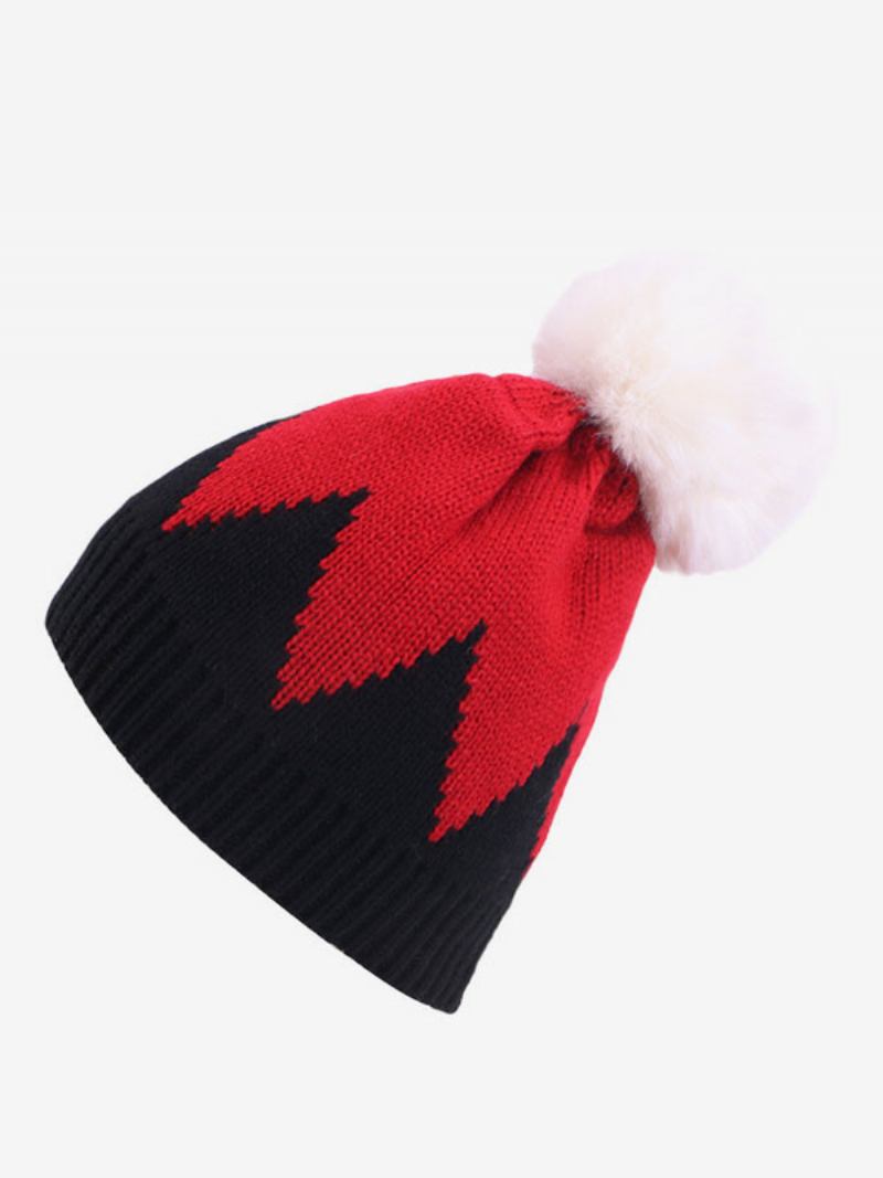 Bonés Femininos Malha Pom Poms Para Primavera Outono Inverno - Preto+Vermelho