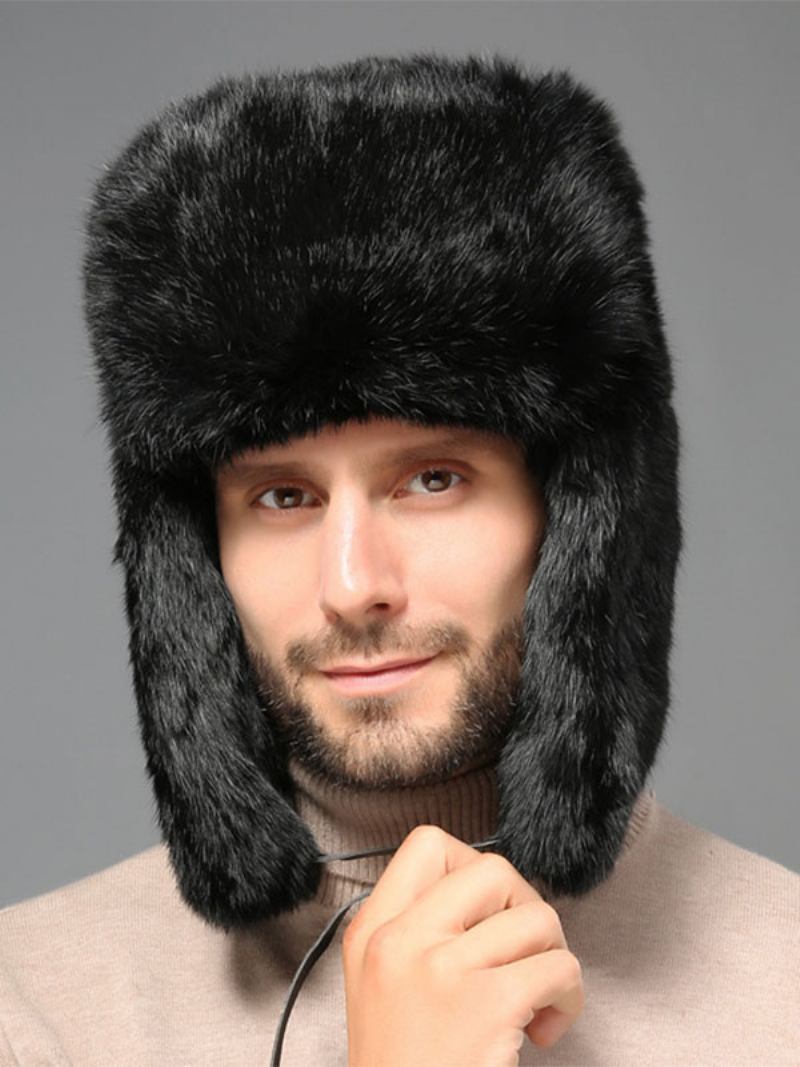 Bonés Para Homens Modernos Pele Sintética Chapéus Quentes Inverno Chapéu Russo Ushanka - Preto