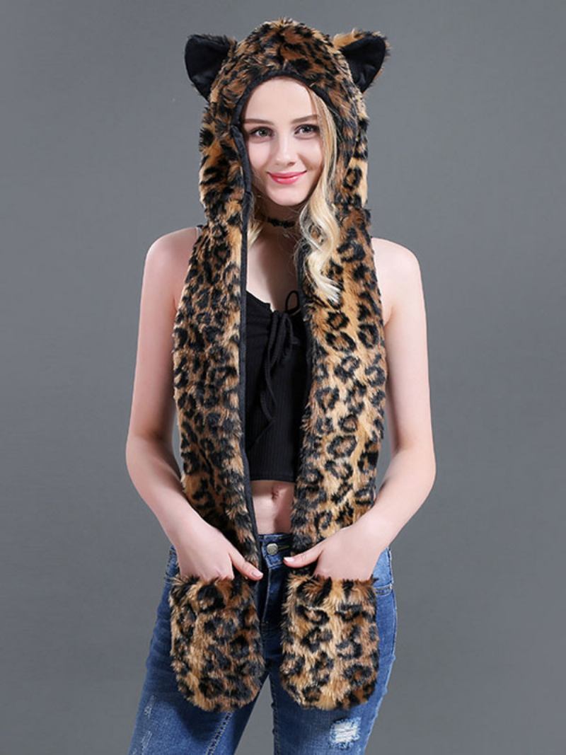 Chapéu Feminino Pele Sintética Macia Em Formato Animal Para Outono E Inverno - Leopardo