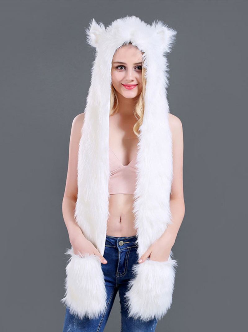 Chapéu Feminino Pele Sintética Macia Em Formato Animal Para Outono E Inverno - Branco