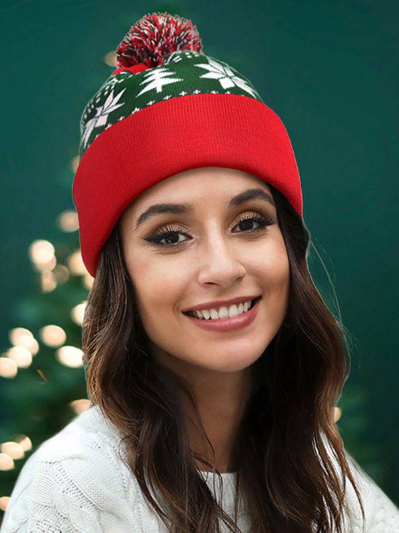 Chapéu Vermelho Pom Poms Natal Padrão Feminino Boné Inverno