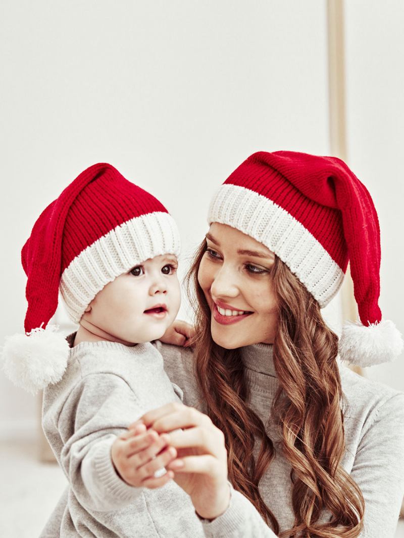 Chapéus Femininos Bonitos Pom Poms Padrão Natal Acrílico Inverno Quente Acc - Vermelho