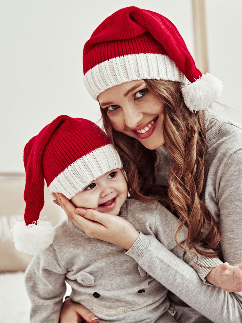 Chapéus Femininos Bonitos Pom Poms Padrão Natal Acrílico Inverno Quente Acc - Vermelho