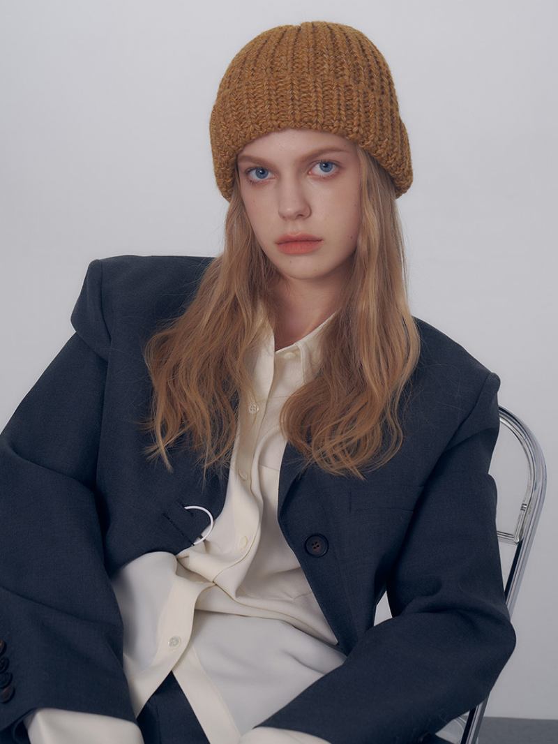 Chapéus Femininos Cor Sólida Com Cabo Gorro Crochê Para Outono E Inverno - Amarelo