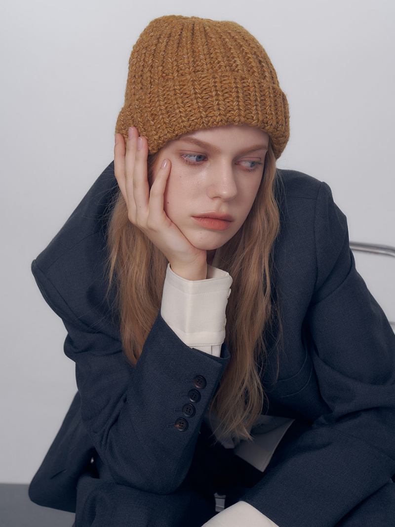 Chapéus Femininos Cor Sólida Com Cabo Gorro Crochê Para Outono E Inverno - Amarelo