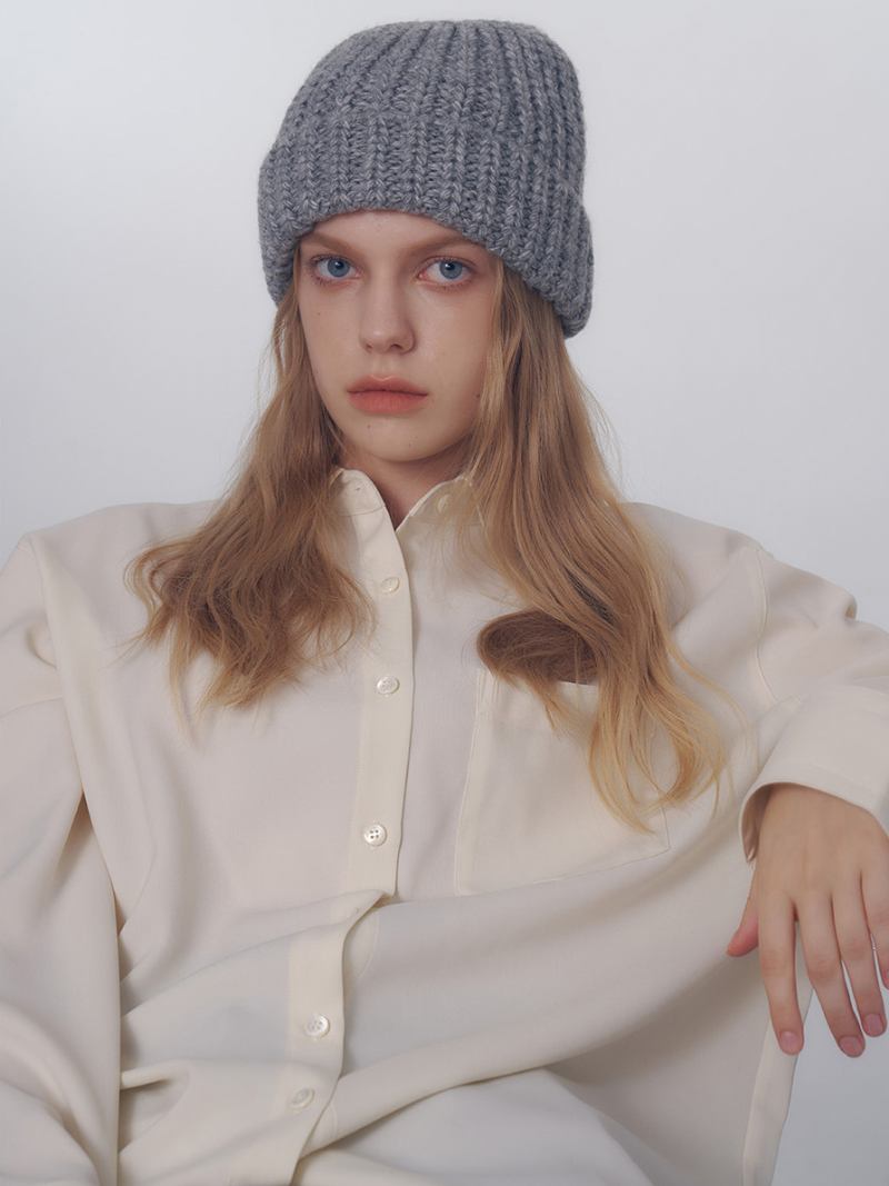 Chapéus Femininos Cor Sólida Com Cabo Gorro Crochê Para Outono E Inverno - Cinza Claro