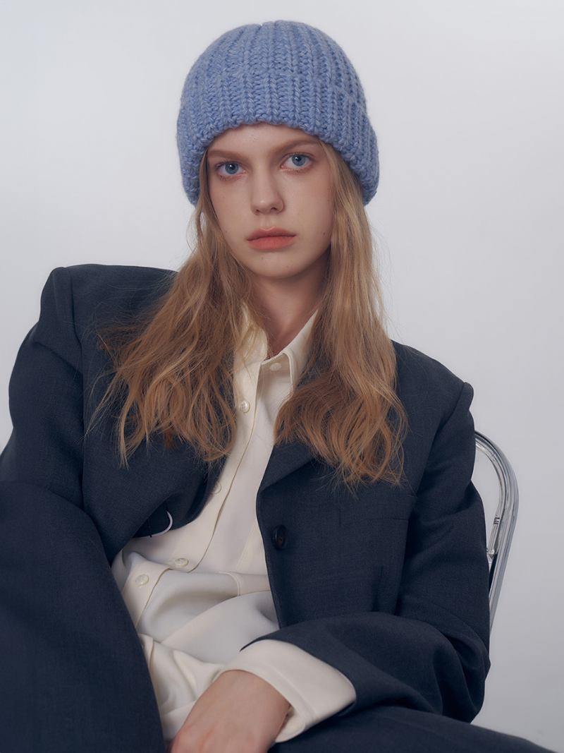 Chapéus Femininos Cor Sólida Com Cabo Gorro Crochê Para Outono E Inverno - Cinza Azul