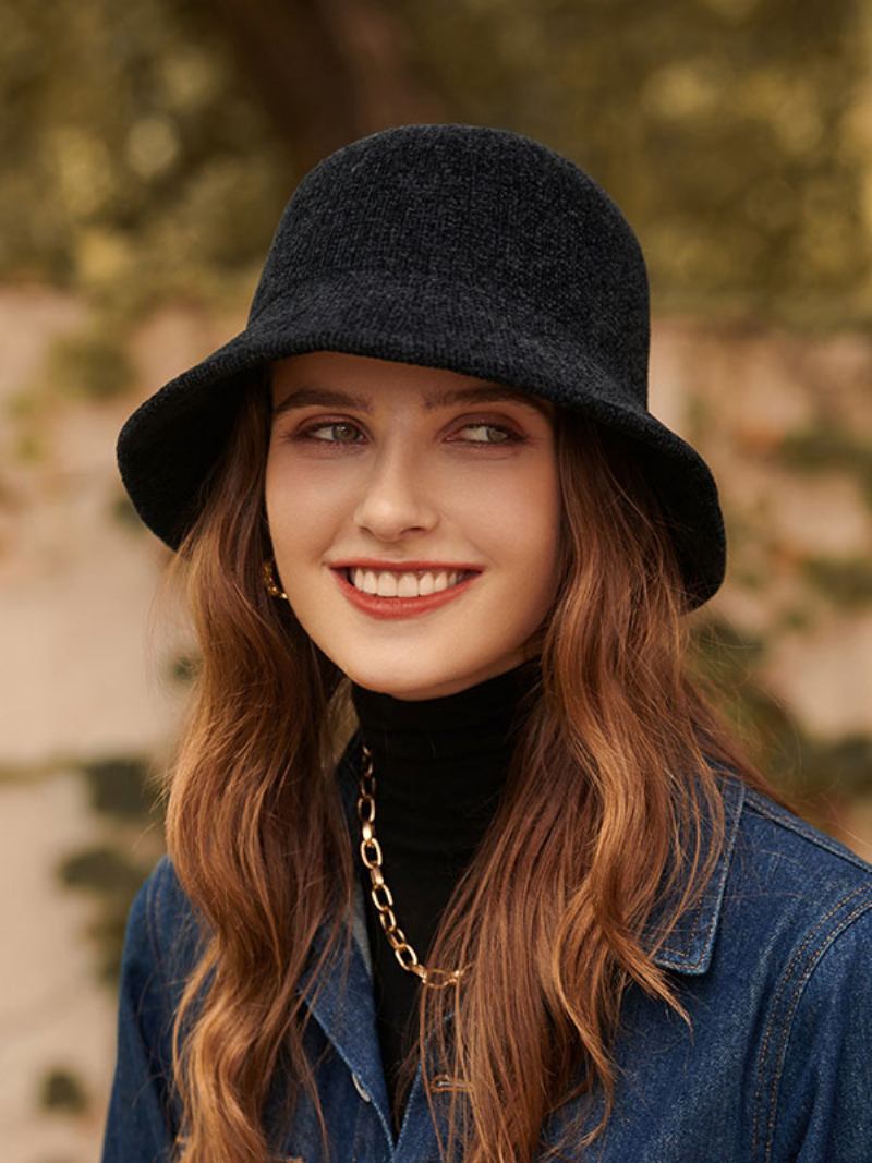 Chapéus Para Mulheres Moda Chique Inverno Quente Balde Chapéu - Preto