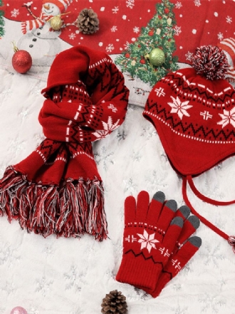 Conjunto 3 Peças Luvas Com Lenço Para Presente Natal Em Vermelho