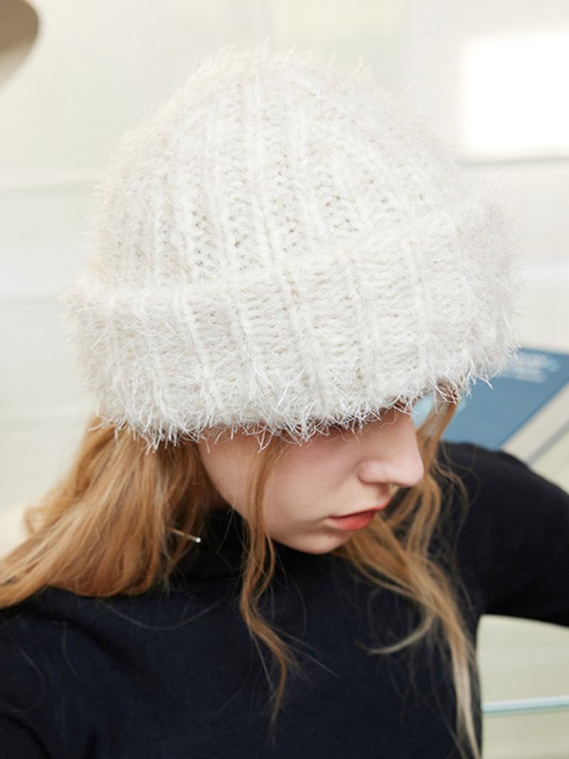 Gorro Mistura Lã Cor Sólida Clássico Chapéu Para Mulheres - Branco