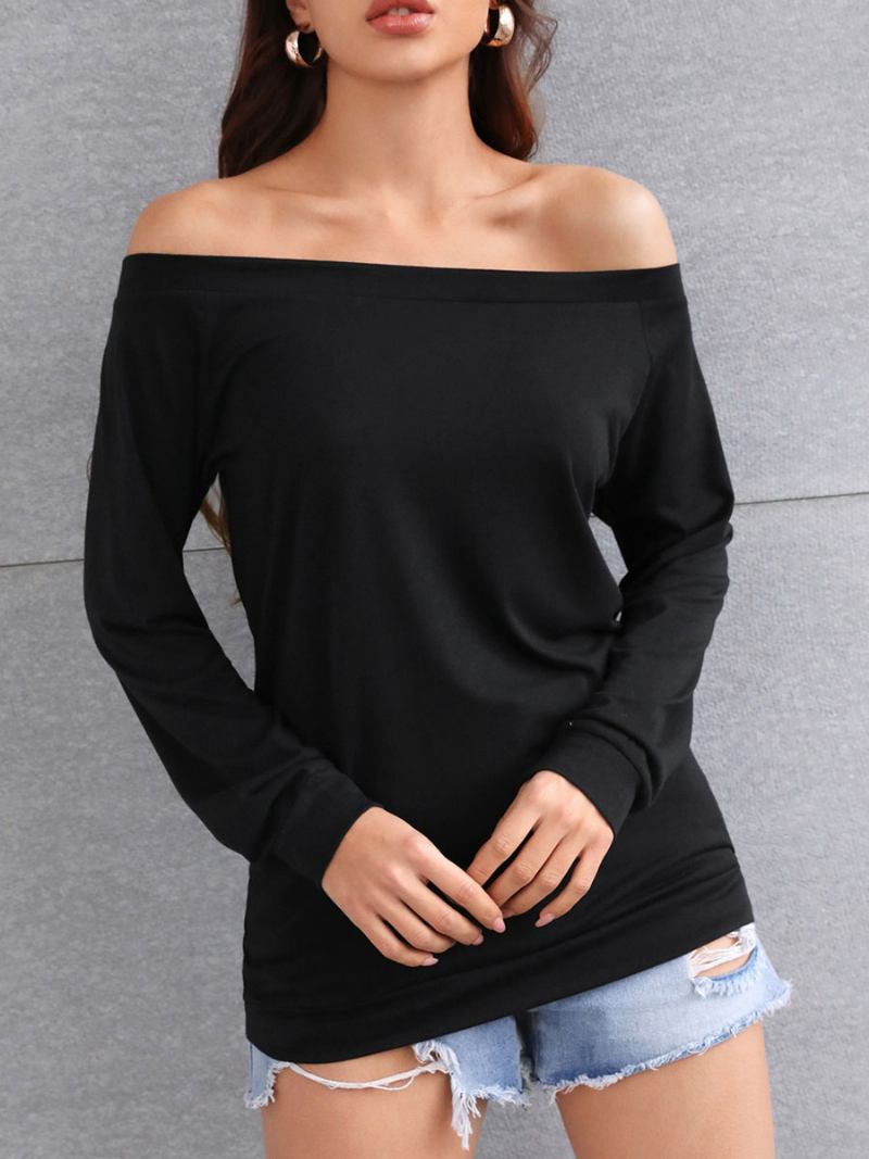 Blusa Feminina Borgonha Manga Comprida Mistura Algodão Gola Bateau Camiseta Casual - Preto