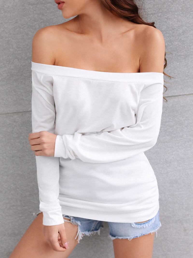 Blusa Feminina Borgonha Manga Comprida Mistura Algodão Gola Bateau Camiseta Casual - Branco