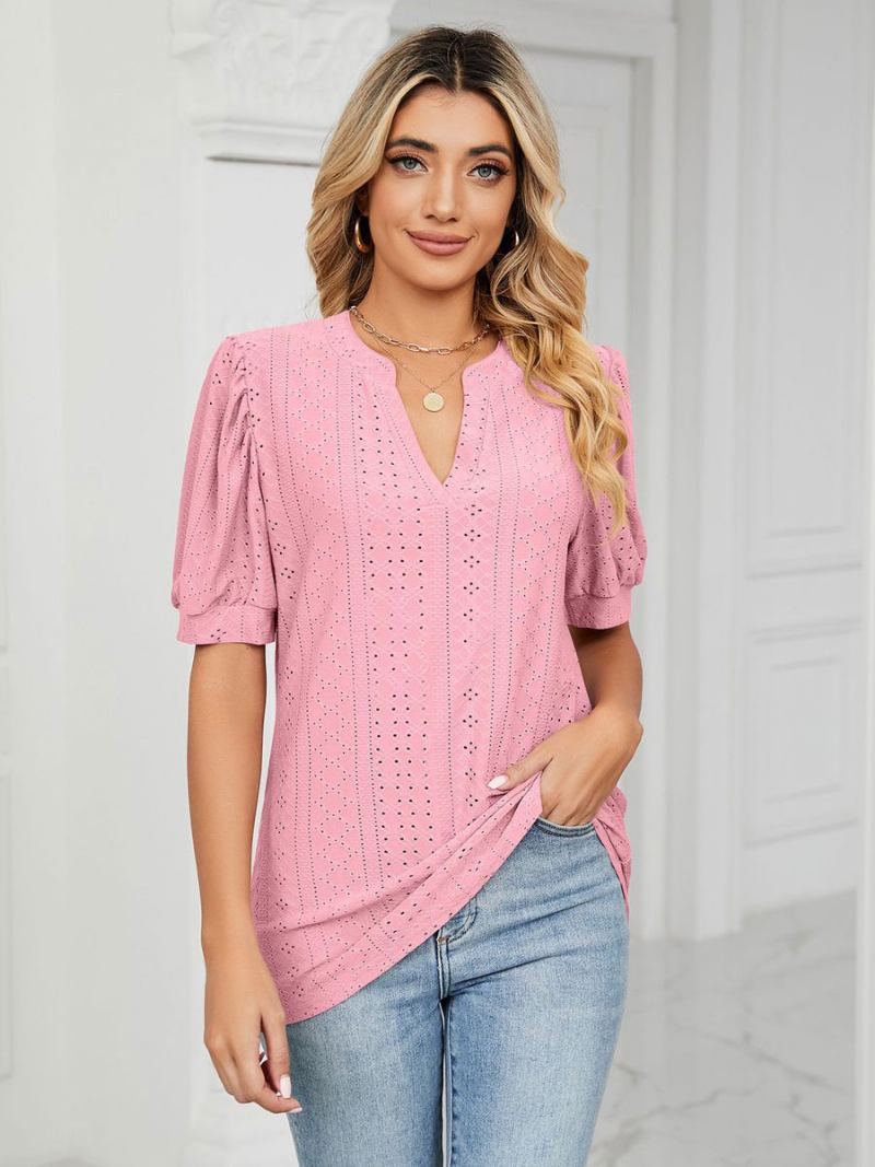 Camiseta Feminina Manga Curta Blush Rosa Com Decote Em V - Rosa