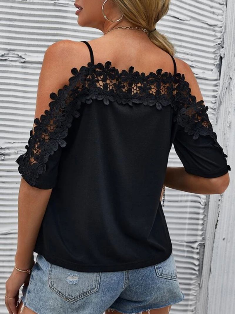 Top Sexy Para Mulheres Com Decote Bateau Meia Manga Recortada Tops Verão - Preto