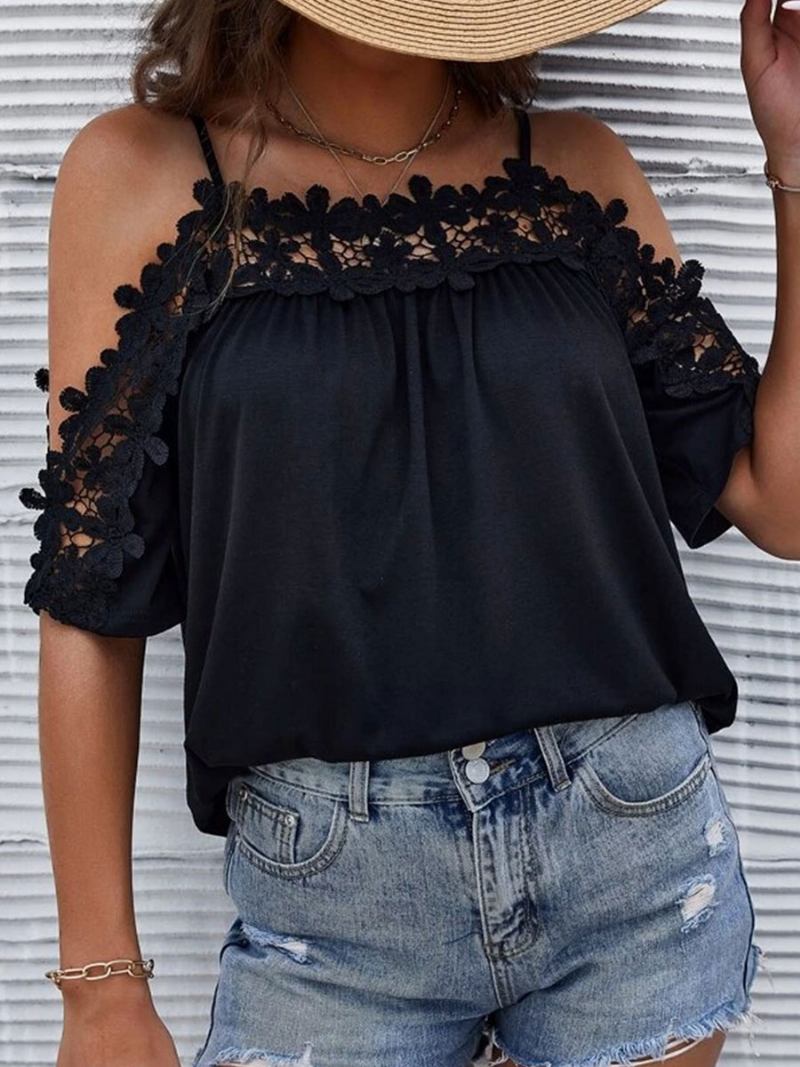 Top Sexy Para Mulheres Com Decote Bateau Meia Manga Recortada Tops Verão - Preto