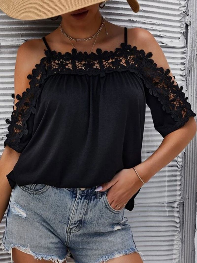 Top Sexy Para Mulheres Com Decote Bateau Meia Manga Recortada Tops Verão - Preto