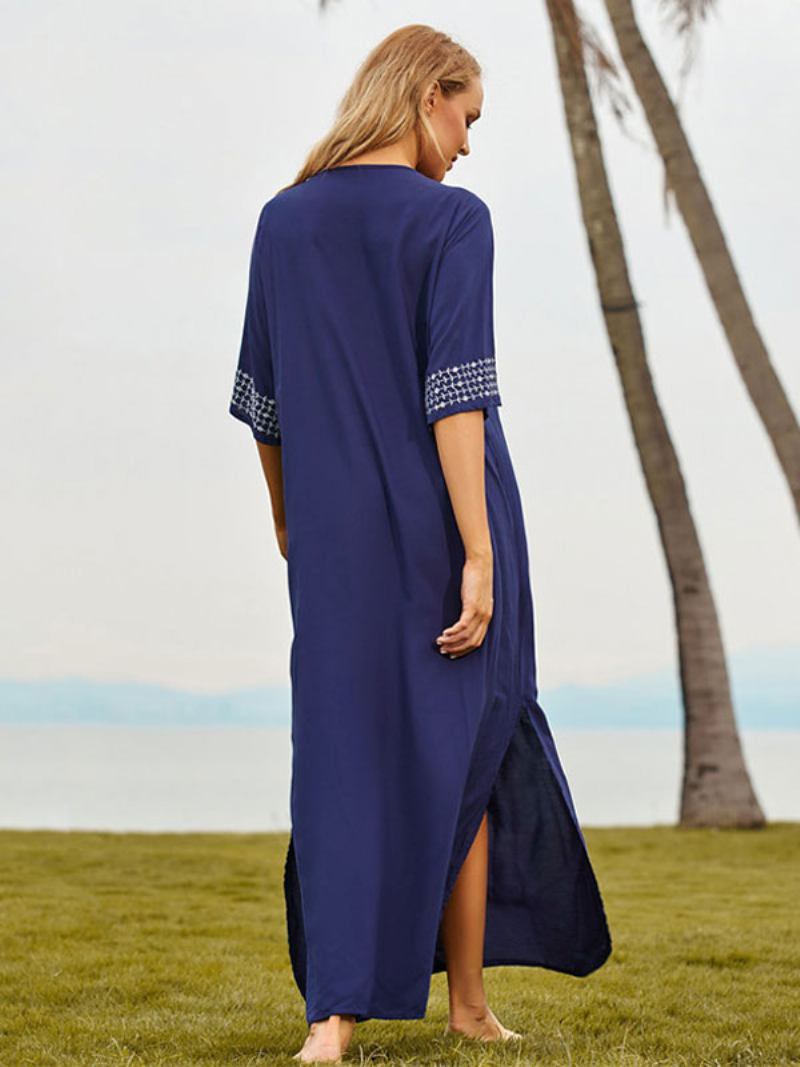 Mulheres Cover Ups Dark Navy Color Block Bordado Com Decote Em V Mangas 3/4 Comprimento Oversized Verão Sexy Swimwear - Marinho Escuro