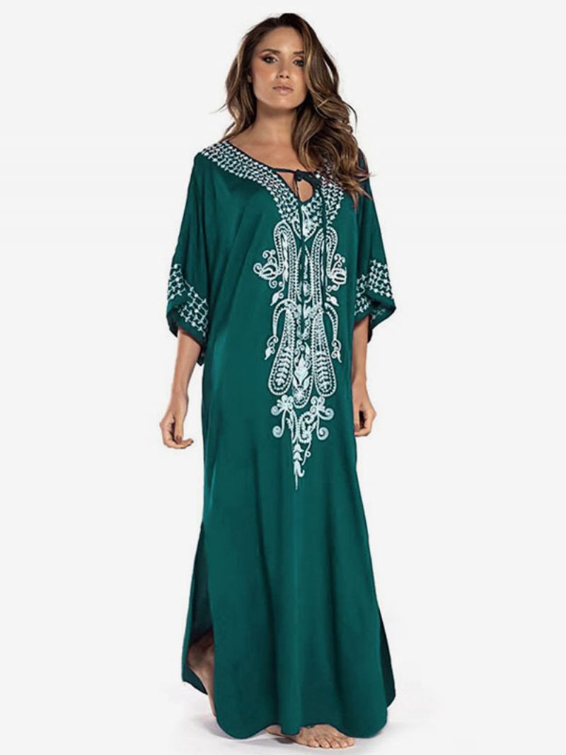 Mulheres Cover Ups Dark Navy Color Block Bordado Com Decote Em V Mangas 3/4 Comprimento Oversized Verão Sexy Swimwear - Verde Escuro